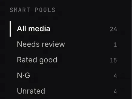 Smart Pool 放大：All media 24、Needs review 1、Rated good 15、N·G 4、Unrated 4